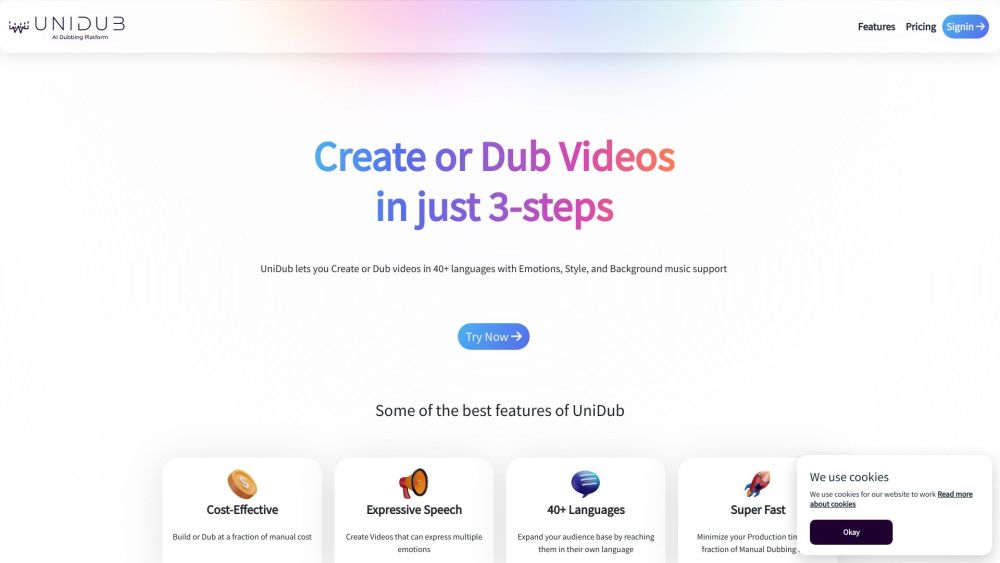 UniDub - Multi-Lingual AI Dubbing Platform Website screenshot