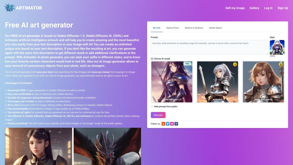 Artimator - Free AI Art Generator Website screenshot