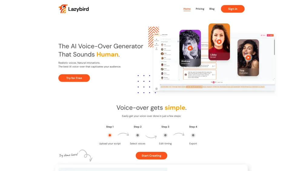 LazyBird | AI Voice Over Studio Website screenshot