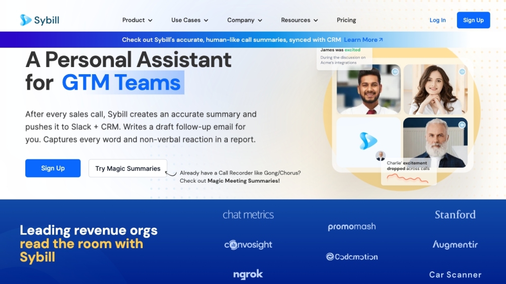 Sybill: The AI Personal Assistant for Sales Teams Website screenshot