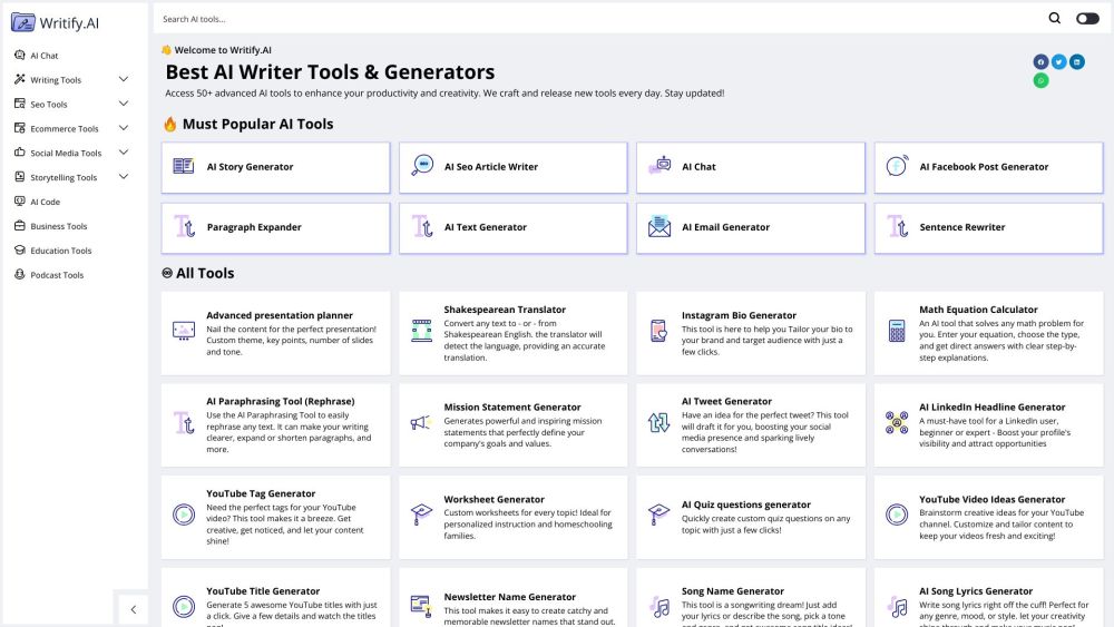 Writify.AI: 50+ AI Tools to Enhance Productivity & Creativity